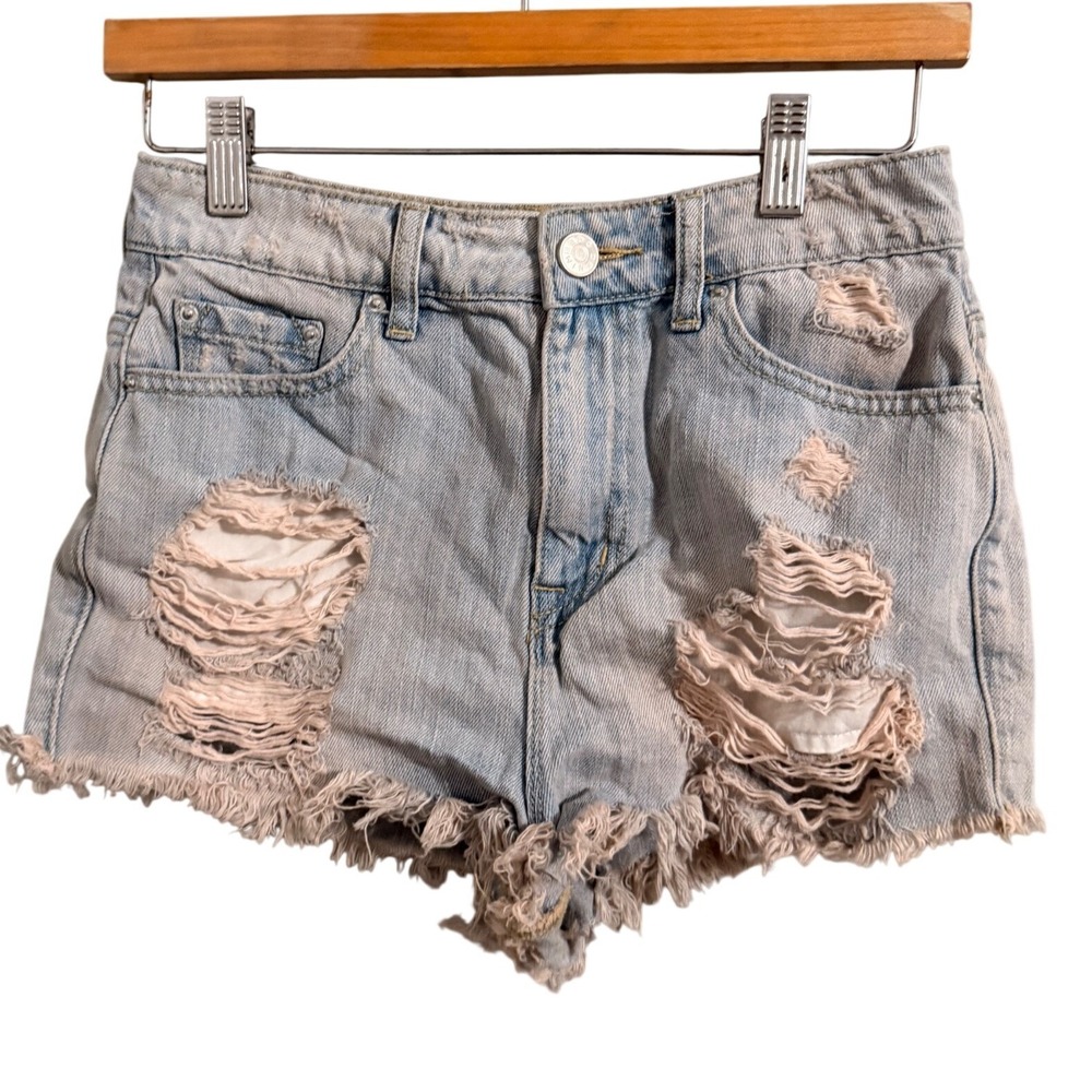 BDG Denim Shorts‎ Womens 26 Light Wash Super High Rise Cheeky Distressed Frayed
